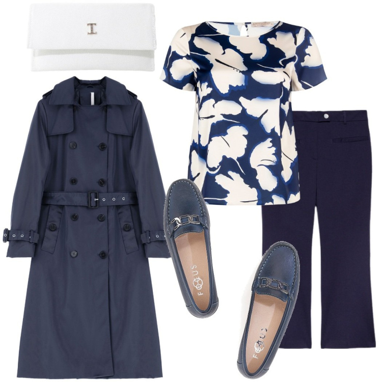 Outfit donna - Eleganza tono su tono. Stile Chic per Tutti i giorni. Abbinamento con bluse, borse a tracolla, trench, mocassini, pantaloni.