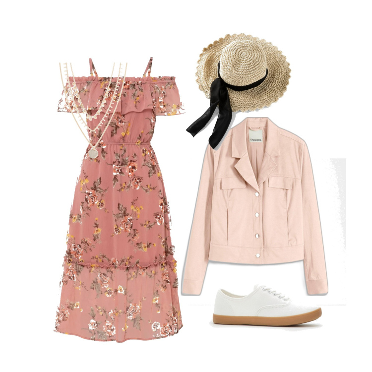 Outfit donna - Piccole fantasie. Stile Boho per Tutti i giorni. Abbinamento con collane, cappelli, vestiti, blazer, sneakers.