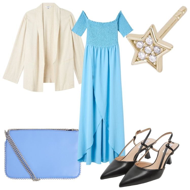 Outfit donna - Terranova- occasioni trendy. Stile Trendy per Cerimonia. Abbinamento con blazer, vestiti lunghi, borse a tracolla, sabot, orecchini.