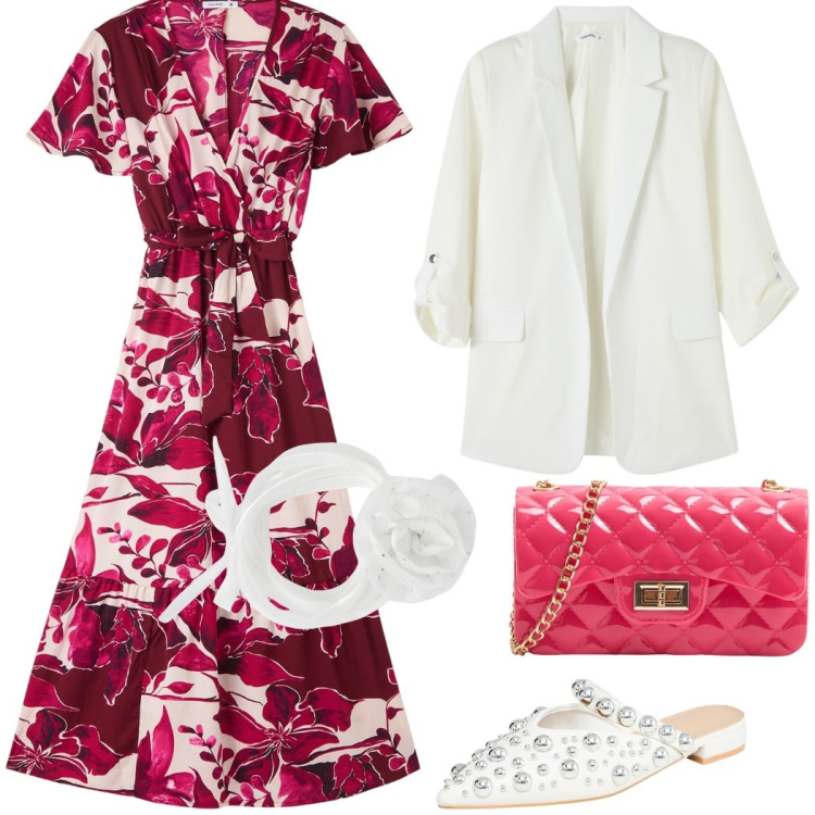 Outfit donna - Festa in giardino. Stile Romantica per Serata fuori. Abbinamento con ballerine, collane, borse a tracolla, vestiti lunghi, blazer.