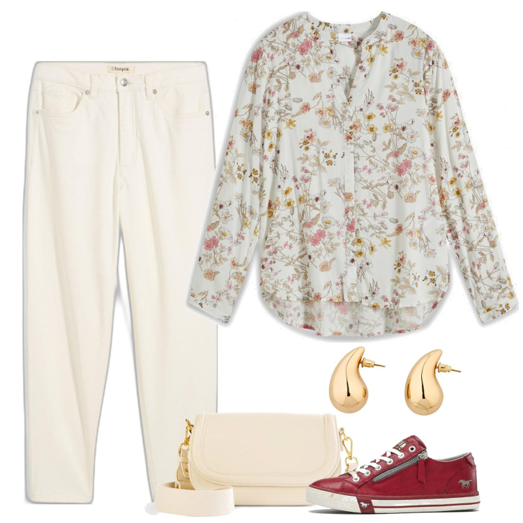 Outfit donna - La blusa a fiori. Stile Casual per Tutti i giorni. Abbinamento con camicie, jeans mom, sneakers, orecchini, borse a spalla.
