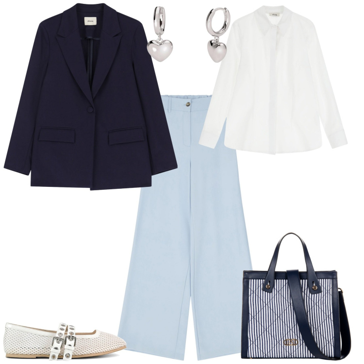 Outfit donna - Sporty chic per ogni giorno. Stile Sporty chic per Tutti i giorni. Abbinamento con shopping bag, orecchini, blazer, camicie, pantaloni a palazzo, ballerine.