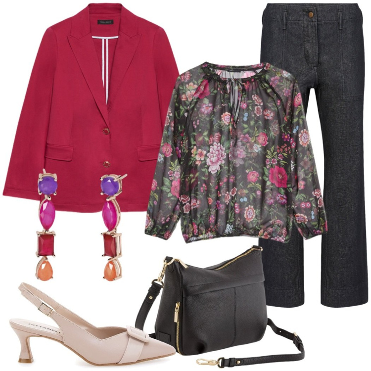 Outfit donna - Curve eleganti. Stile Casual chic per Ufficio. Abbinamento con orecchini, bluse, pantaloni, blazer, décolleté, borse a tracolla.