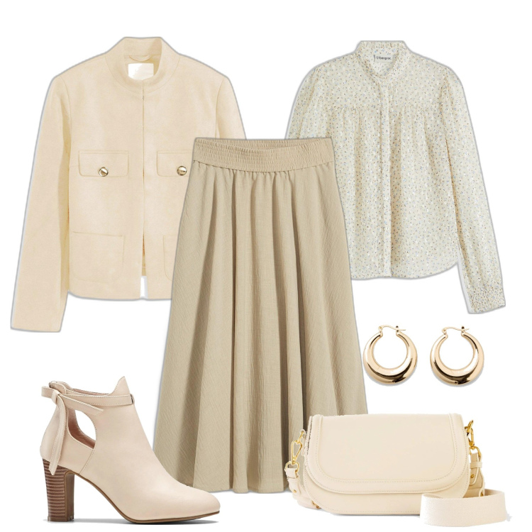 Outfit donna - Pranzo di Pasqua. Stile Chic per Tutti i giorni. Abbinamento con gonne longuette, stivaletti, blazer, camicie, borse a spalla, orecchini.