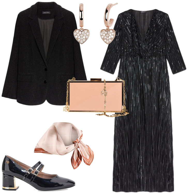 Outfit donna - Bon ton serata evento speciale. Stile Bon Ton per Serata fuori. Abbinamento con orecchini, pochette, foulard, décolleté, vestiti lunghi, blazer.