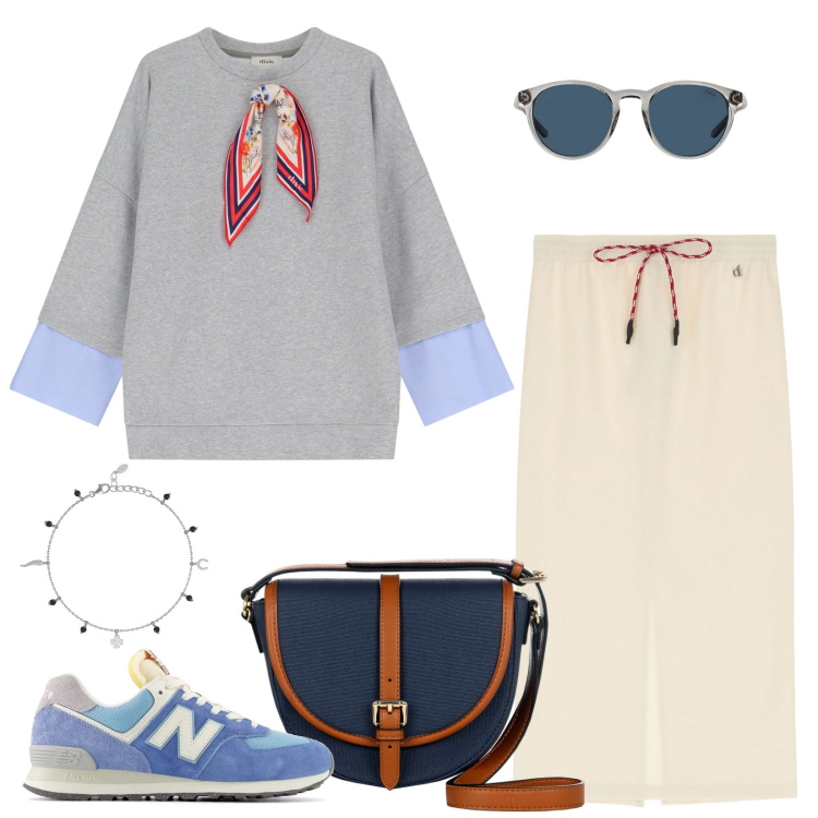 Outfit donna - Gonna e felpa. Stile Casual per Scuola/Università. Abbinamento con felpe, gonne longuette, braccialetti con ciondoli, sneakers, borse a tracolla, occhiali da sole.
