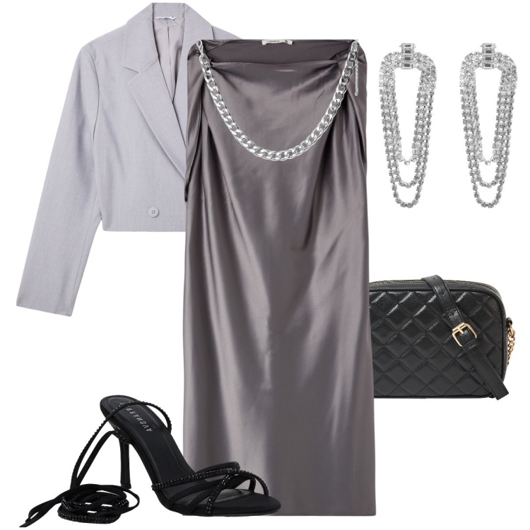 Outfit donna - Terranova - Occasioni speciali. Stile Mannish per Cerimonia. Abbinamento con vestiti corti, blazer, orecchini, collane, borse a tracolla, sandali alla schiava.
