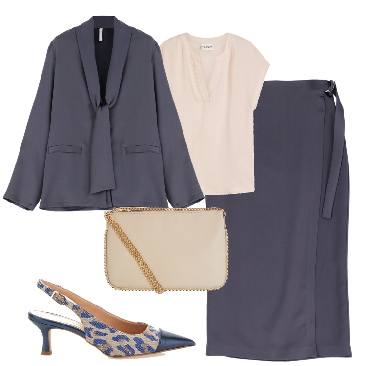 Outfit donna - City. Stile Urban per Tutti i giorni. Abbinamento con bluse, borse a tracolla, blazer, gonne longuette, décolleté.