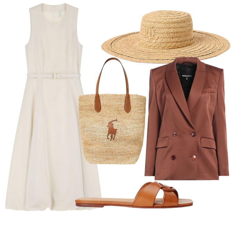 Outfit donna - Una giornata in costiera. Stile Chic per Serata fuori. Abbinamento con blazer, vestiti midi/longuette, borse tote, ciabatte, cappelli.