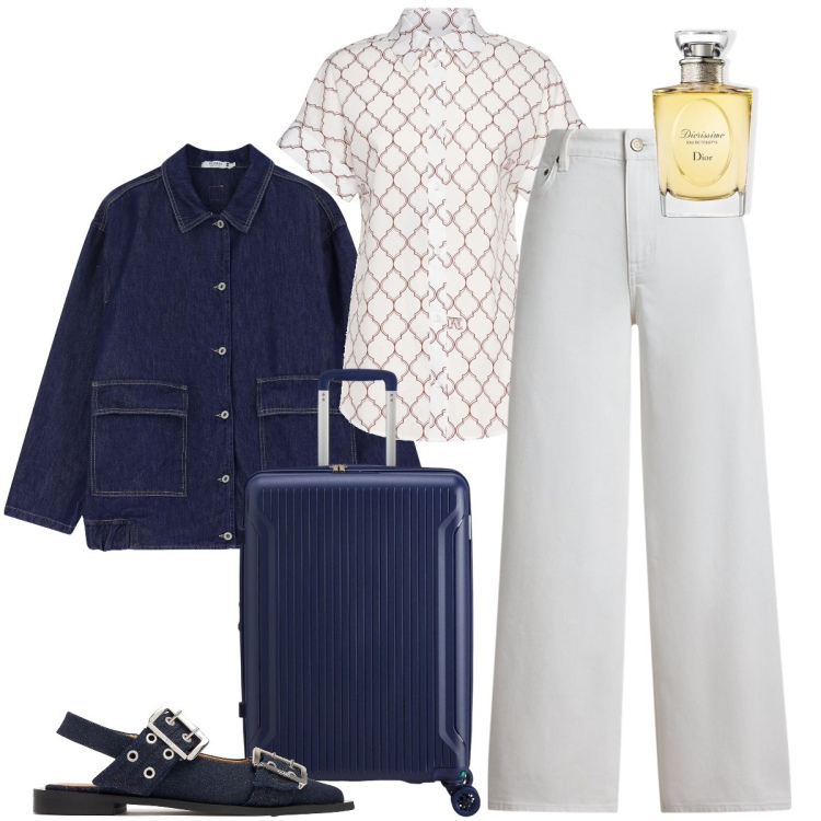 Outfit donna - Le ballerine in denim. Stile Urban per Tutti i giorni. Abbinamento con profumi, blazer, jeans, ballerine, valigie, camicie.