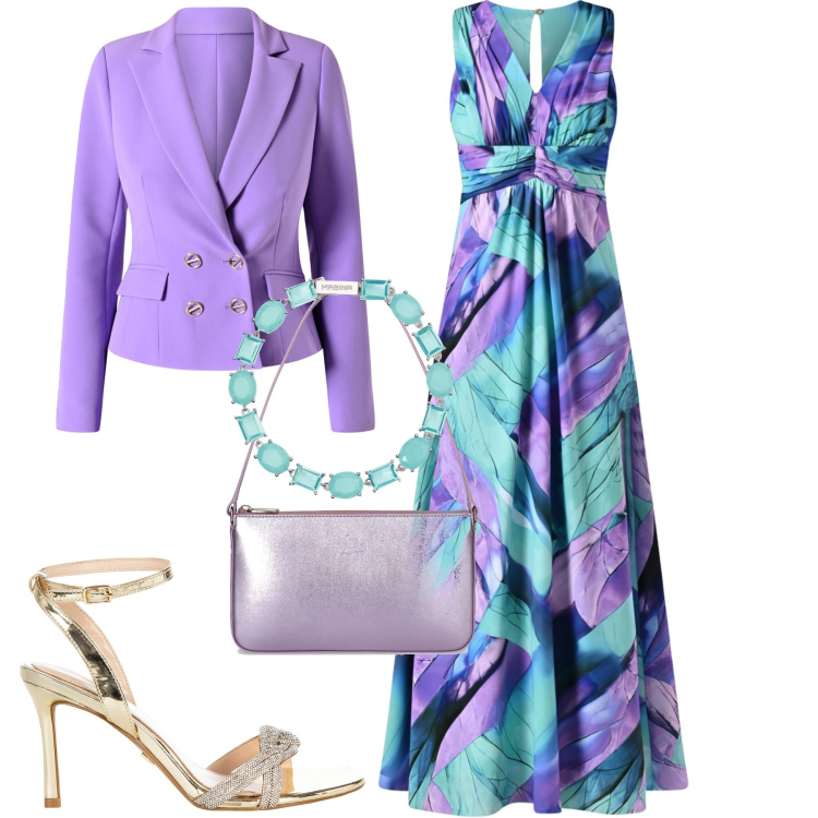 Outfit donna - Cerimonie. Stile Chic per Cerimonia. Abbinamento con braccialetti, vestiti lunghi, sandali col tacco, blazer, borse a spalla.