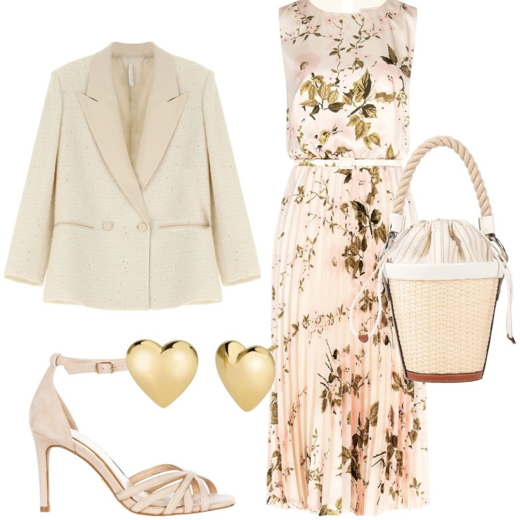 Outfit donna - Primavera sull\'abito. Stile Chic per Cerimonia. Abbinamento con borse a secchiello, blazer, orecchini, vestiti midi/longuette, sandali col tacco.