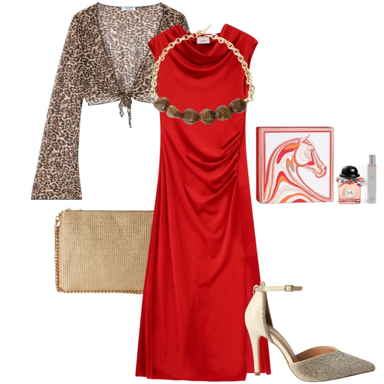 Outfit donna - La collana con le pietre. Stile Glamour per Cerimonia. Abbinamento con profumi, décolleté, borse a tracolla, bolero, vestiti midi/longuette, collane.