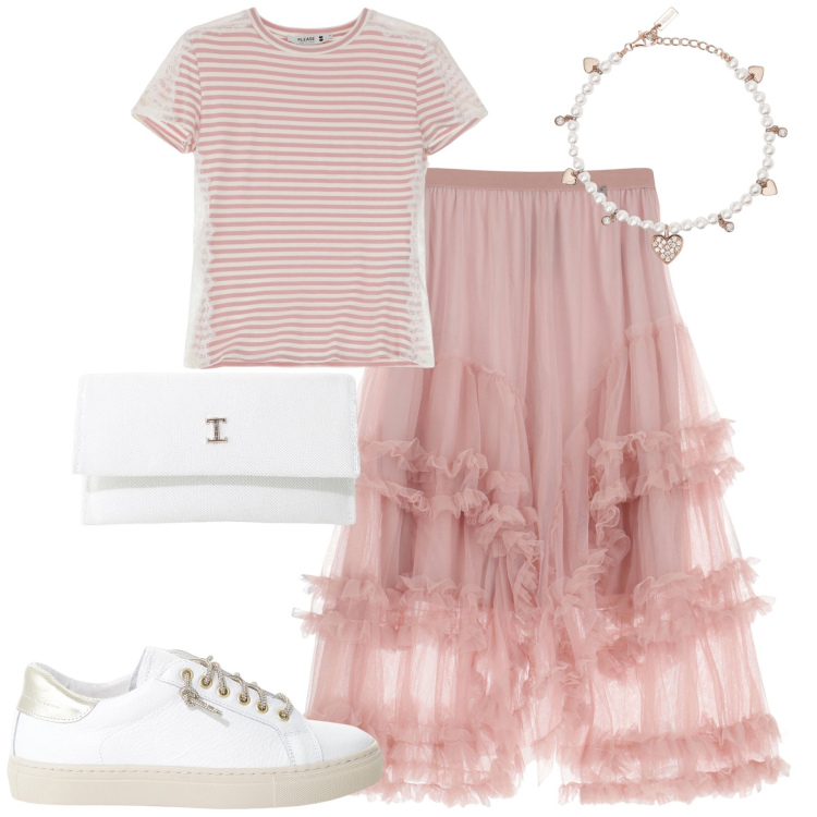 Outfit donna - Nuvole rosa. Stile Glamour per Serata fuori. Abbinamento con braccialetti, t-shirt, borse a tracolla, sneakers, gonne lunghe.