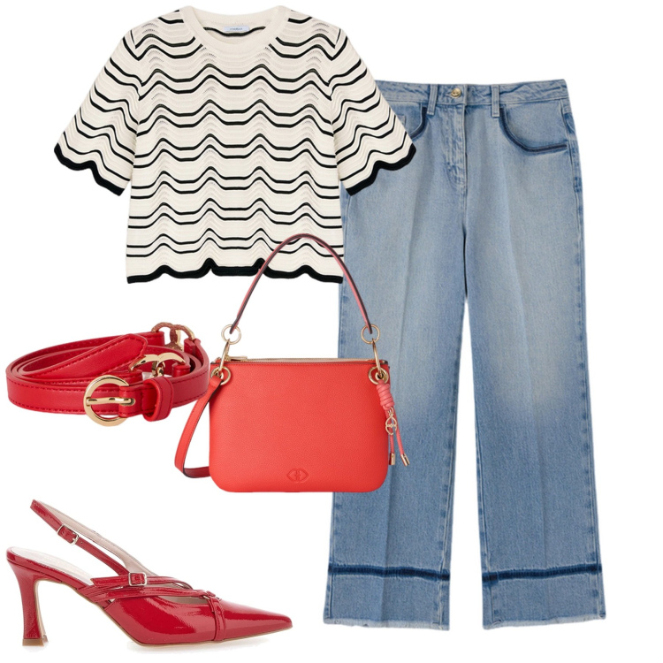 Outfit donna - City. Stile Casual chic per Tutti i giorni. Abbinamento con décolleté, jeans, maglieria, borse a tracolla, cinture.