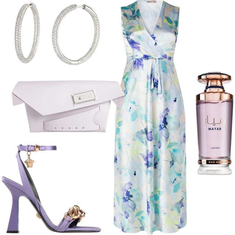 Outfit donna - Cerimonia elegante. Stile Glamour per Cerimonia. Abbinamento con borse a mano, sandali in pelle, profumi, orecchini, vestiti lunghi.