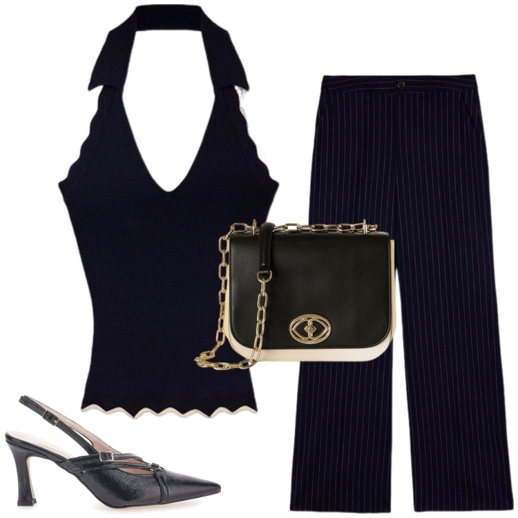 Outfit donna - Il top halter blu. Stile Chic per Tutti i giorni. Abbinamento con décolleté, top, borse a tracolla, pantaloni a palazzo.