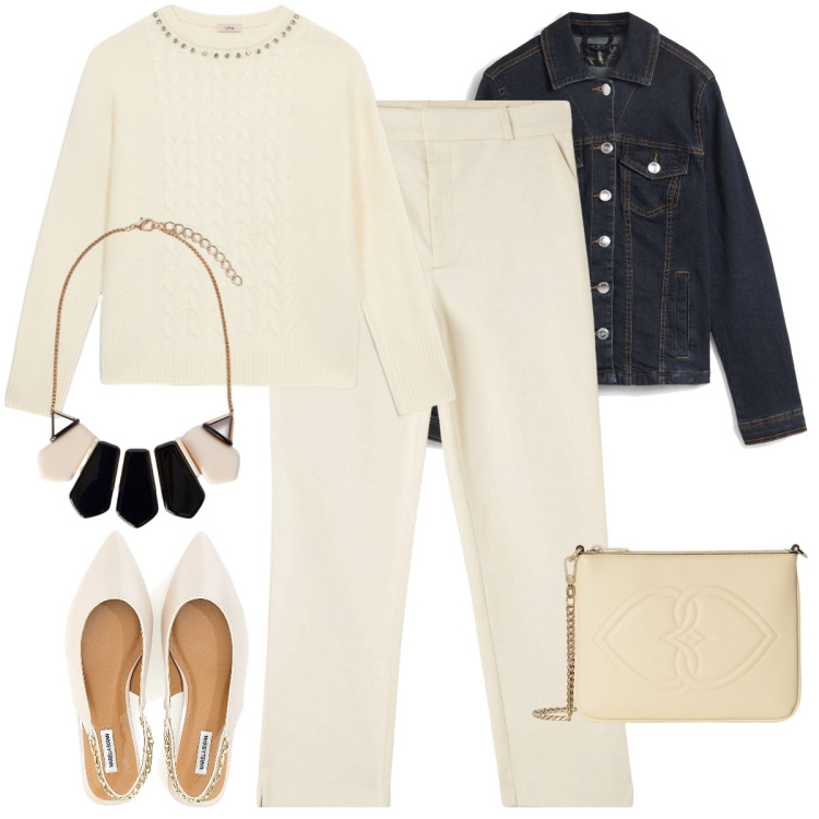 Outfit donna - Giallo burro e nero. Stile Casual chic per Tutti i giorni. Abbinamento con blazer, pantaloni chino, ballerine, maglieria, pochette, collane.