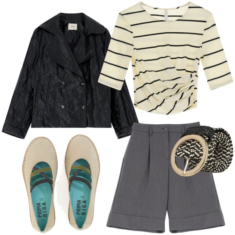 Outfit donna - City. Stile Casual chic per Tutti i giorni. Abbinamento con cinture, bermuda, t-shirt, blazer, ballerine.