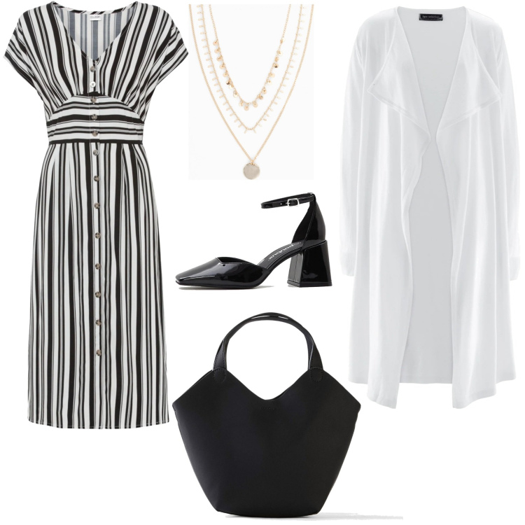 Outfit donna - Passeggiata chic. Stile Chic per Tutti i giorni. Abbinamento con vestiti, cardigans, collane, décolleté, borse a mano.