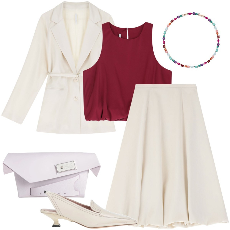 Outfit donna - Tailleur color panna. Stile Chic per Cerimonia. Abbinamento con décolleté, borse a mano, collane, gonne longuette, blazer, top.
