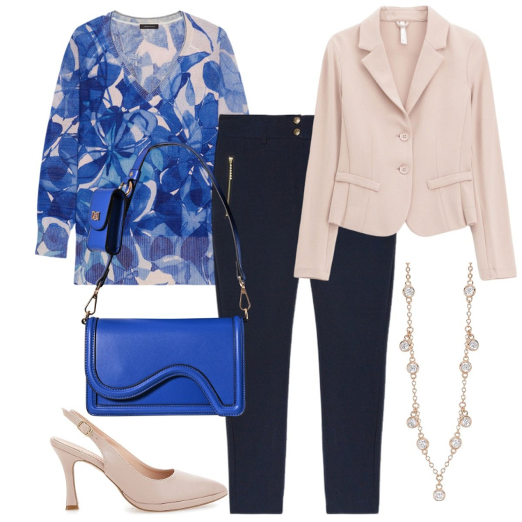 Outfit donna - La blusa a fiori - curvy. Stile Casual chic per Ufficio. Abbinamento con collane, pochette, blazer, maglieria, pantaloni skinny, décolleté.