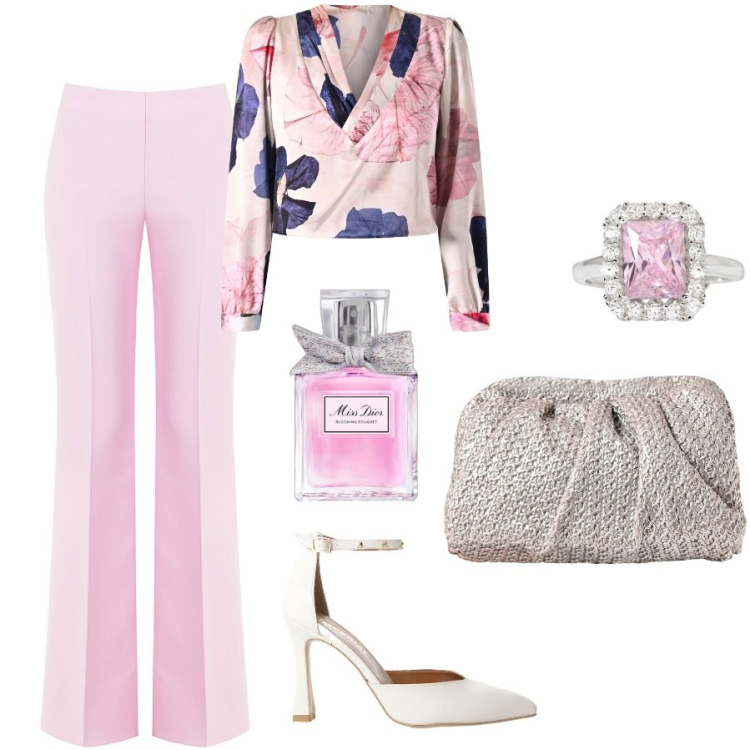 Outfit donna - Romantic Pink. Stile Romantica per Serata fuori. Abbinamento con pantaloni a palazzo, bluse, clutch, profumi, anelli, décolleté.