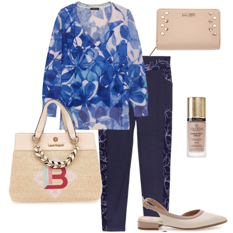 Outfit donna - Floreale bon ton. Stile Bon Ton per Ufficio. Abbinamento con fondotinta, leggings, ballerine, maglieria, portafogli, borse a mano.