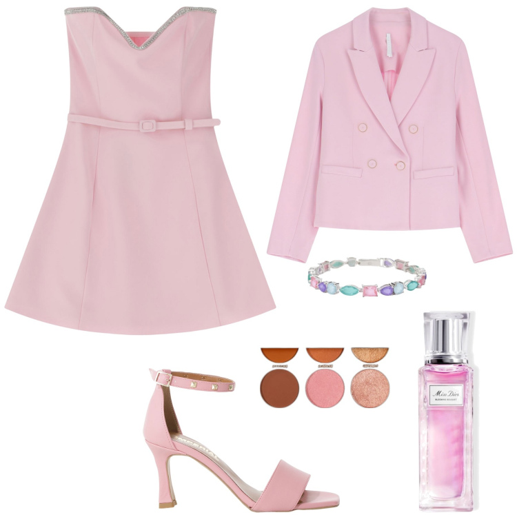 Outfit donna - La delicatezza del rosa. Stile Chic per Serata fuori. Abbinamento con profumi, terre, braccialetti, vestiti corti, sandali col tacco, blazer.