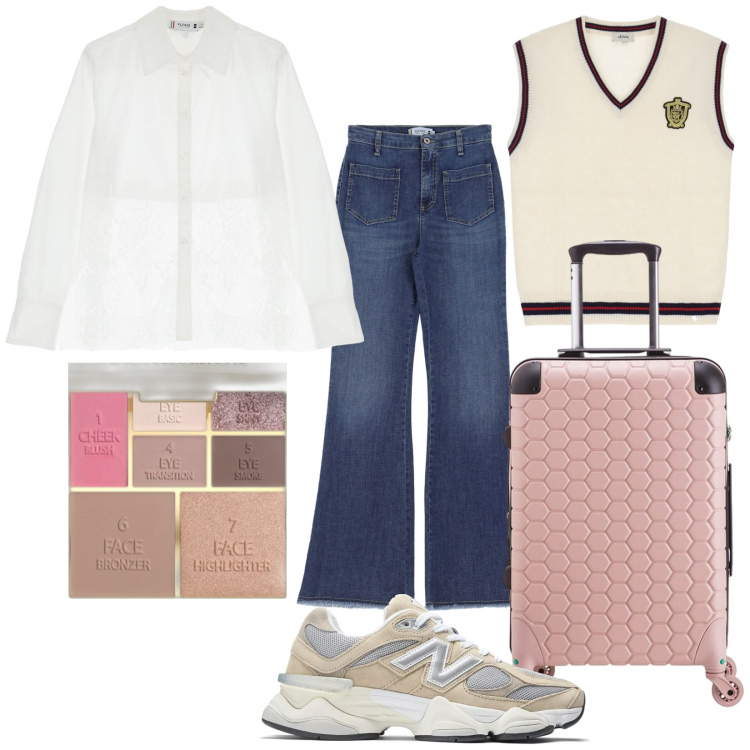 Outfit donna - Direzione aeroporto. Stile Casual per Tutti i giorni. Abbinamento con terre, sneakers, camicie, jeans, gilet, valigie.