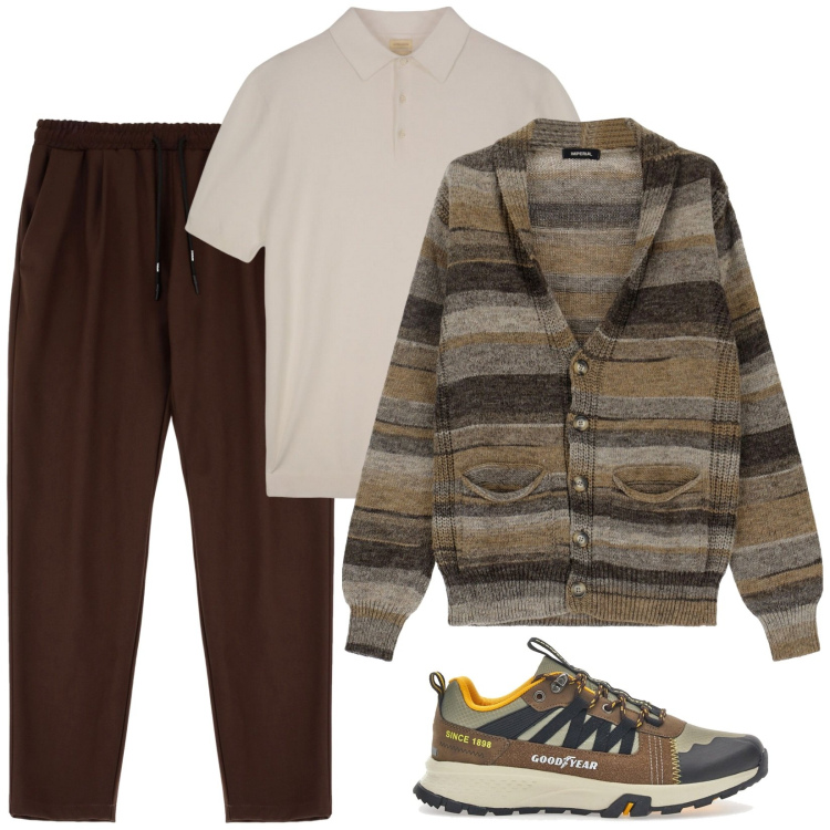 Outfit uomo - I colori della terra. Stile Trendy per Tutti i giorni. Abbinamento con pantaloni, cardigans, polo, sneakers.