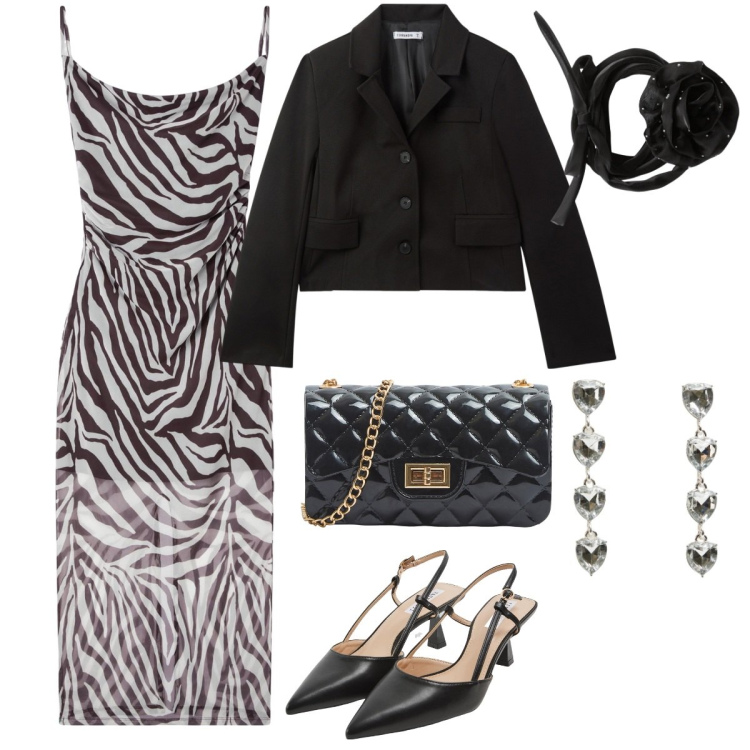 Outfit donna - Terranova - occasioni speciali. Stile Sexy per Serata fuori. Abbinamento con vestiti lunghi, collane, sabot, borse a tracolla, blazer, orecchini.