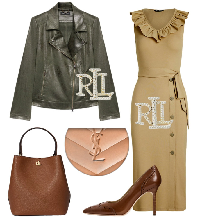 Outfit donna - Raffaella. Stile Chic per Serata fuori. Abbinamento con terre, orecchini, borse a secchiello, vestiti senza maniche, décolleté, blazer.