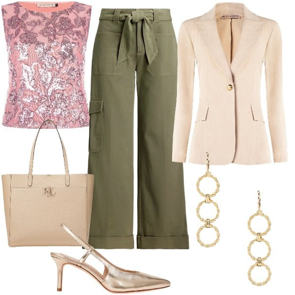Outfit donna - Primavera con Bantoa. Stile Glamour per Cerimonia. Abbinamento con blazer, top, pantaloni cargo, orecchini, décolleté, borse tote.