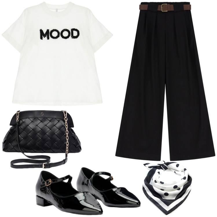 Outfit donna - Black and White. Stile Casual per Tutti i giorni. Abbinamento con foulard, t-shirt, pantaloni a palazzo, ballerine, clutch.