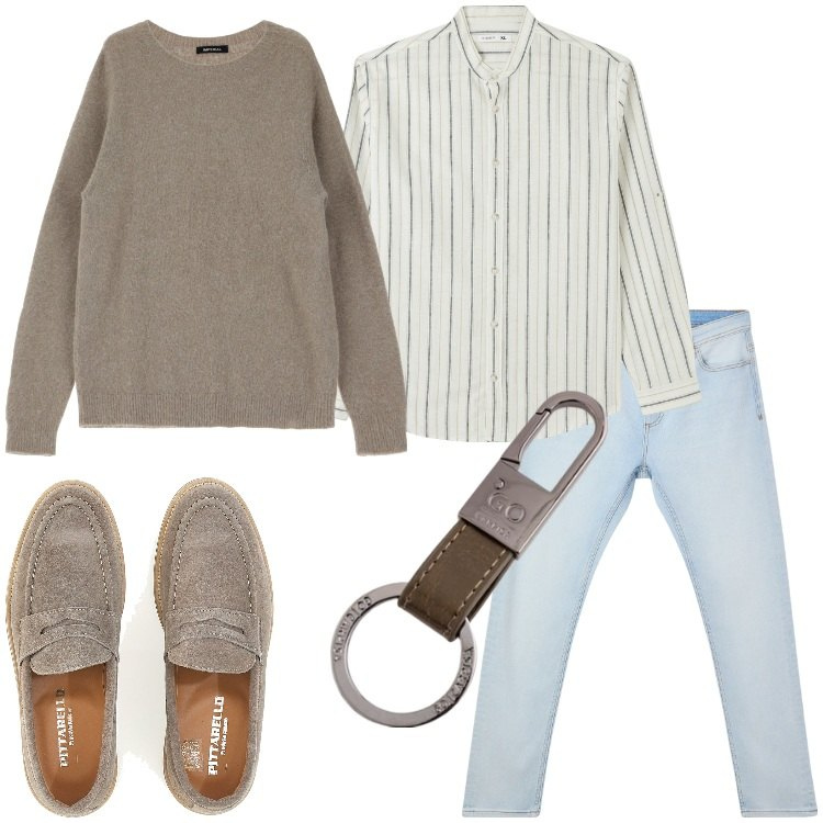 Outfit uomo - Spring time. Stile Trendy per Tutti i giorni. Abbinamento con camicie, jeans skinny, maglieria, scarpe stringate, portachiavi.