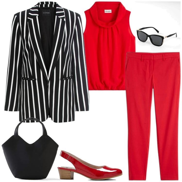 Outfit donna - Righe e rosso. Stile Casual chic per Ufficio. Abbinamento con top, pantaloni, blazer, décolleté, borse a mano, occhiali da sole.