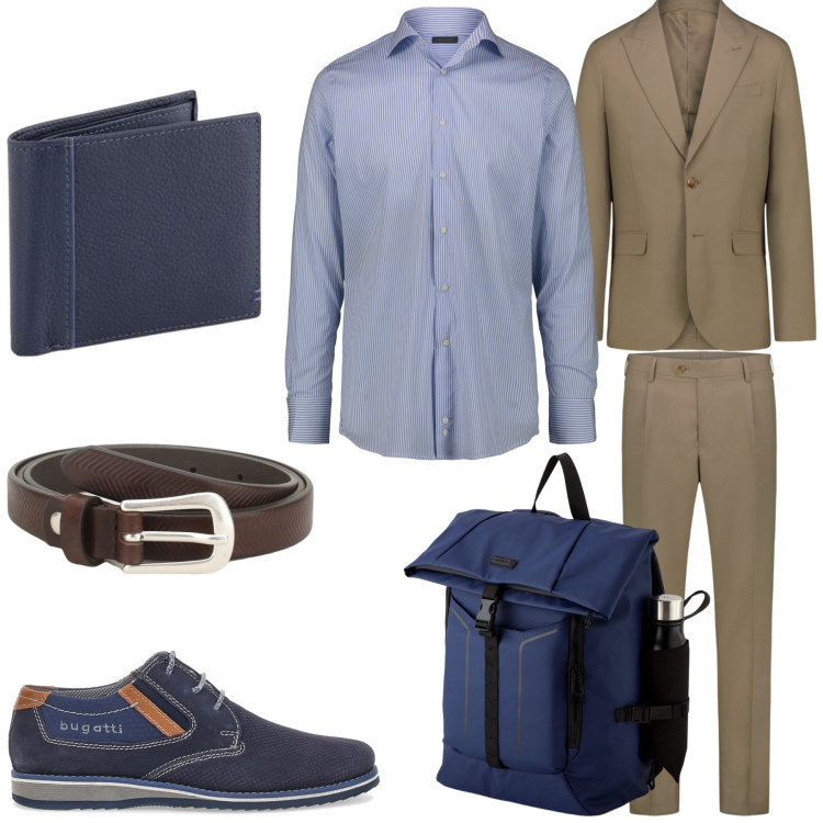 Outfit uomo - Smart. Stile Business/Elegante per Ufficio. Abbinamento con cinture, scarpe stringate, abiti, portafogli, borse sportive, camicie.