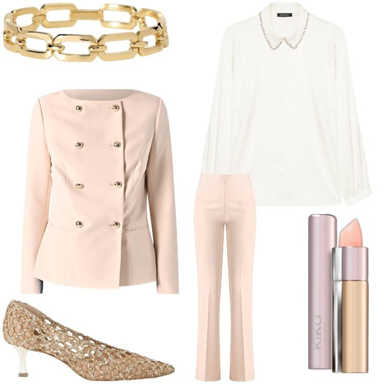 Outfit donna - Colori tenui da cerimonia. Stile Chic per Cerimonia. Abbinamento con rossetti, braccialetti, pantaloni, blazer, décolleté, camicie.