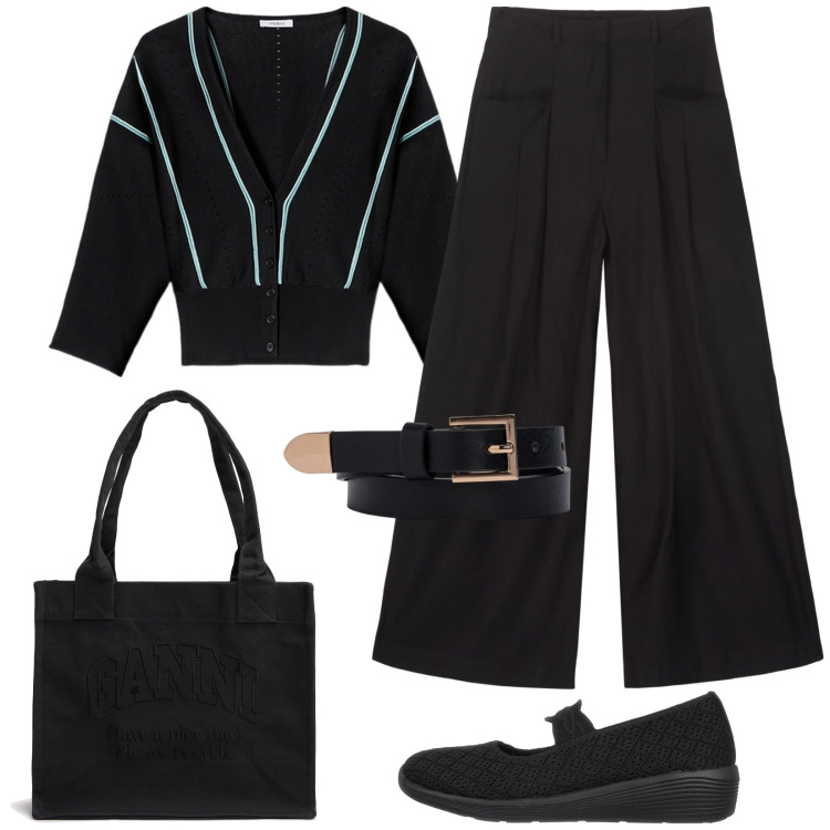 Outfit donna - Total black. Stile Casual per Tutti i giorni. Abbinamento con ballerine, pantaloni, cardigans, shopping bag, cinture.