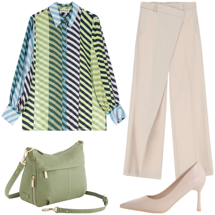 Outfit donna - Camicia multicolor. Stile Casual chic per Tutti i giorni. Abbinamento con pantaloni, décolleté, camicie, borse a tracolla.