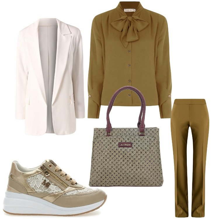 Outfit donna - Completo spezzato e sneakers. Stile Sporty chic per Ufficio. Abbinamento con pantaloni, bluse, blazer, scarpe stringate, borse a spalla.
