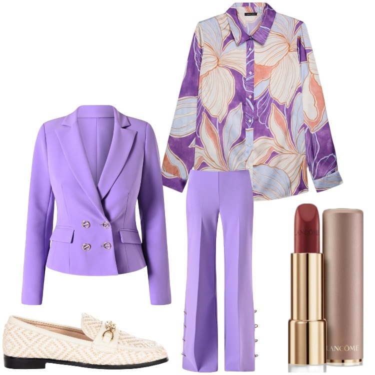 Outfit donna - Tempo di fiorire. Stile Chic per Cerimonia. Abbinamento con rossetti, blazer, mocassini, pantaloni a palazzo, camicie.