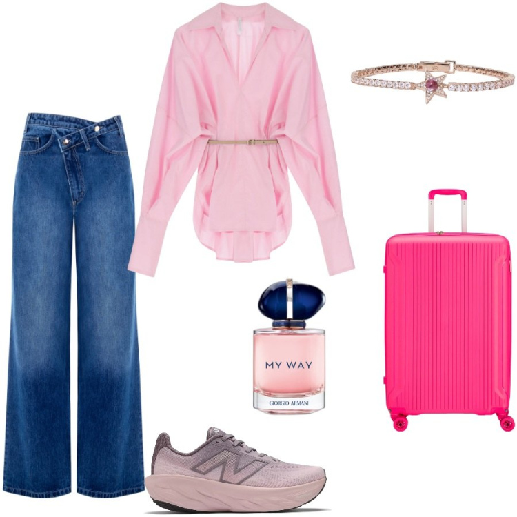 Outfit donna - Traveling. Stile Minimal per Tutti i giorni. Abbinamento con profumi, braccialetti, sneakers, jeans, camicie, valigie.