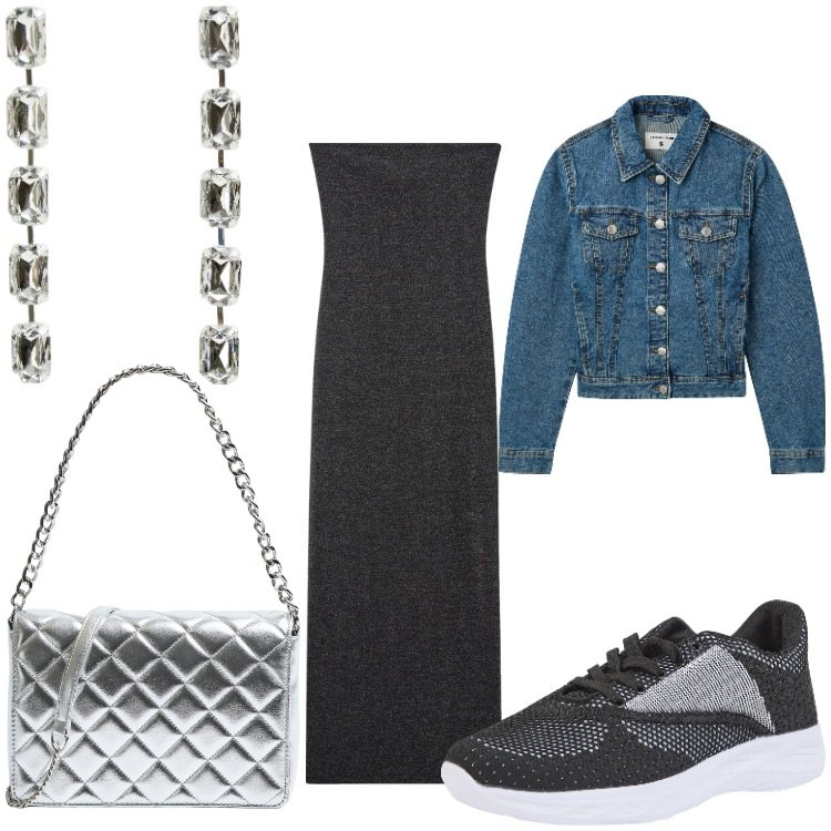 Outfit donna - Sporty argento. Stile Sporty chic per Serata fuori. Abbinamento con vestiti lunghi, blazer, orecchini, sneakers, borse a tracolla.