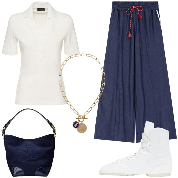 Outfit donna - Pantagonna. Stile Sporty chic per Tutti i giorni. Abbinamento con pantaloni, ballerine, borse a secchiello, ciondoli, polo.