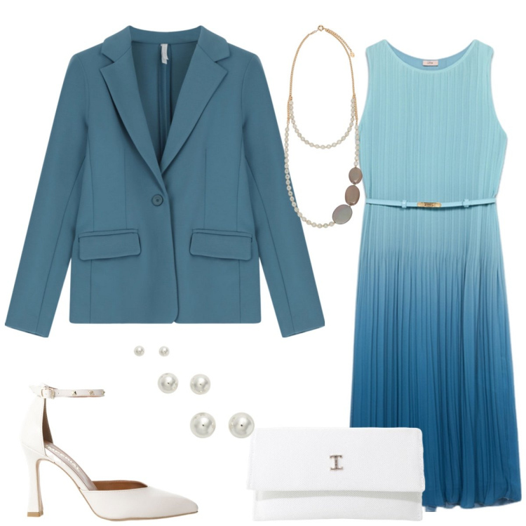 Outfit donna - Total look #2097123. Stile Chic per Cerimonia. Abbinamento con blazer, décolleté, borse a tracolla, orecchini, vestiti midi/longuette, collane.