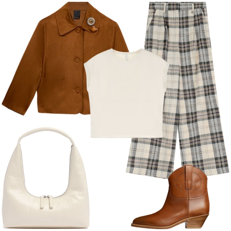 Outfit donna - Pantaloni a quadri. Stile Casual per Tutti i giorni. Abbinamento con t-shirt, stivaletti, pantaloni, blazer, borse a spalla.