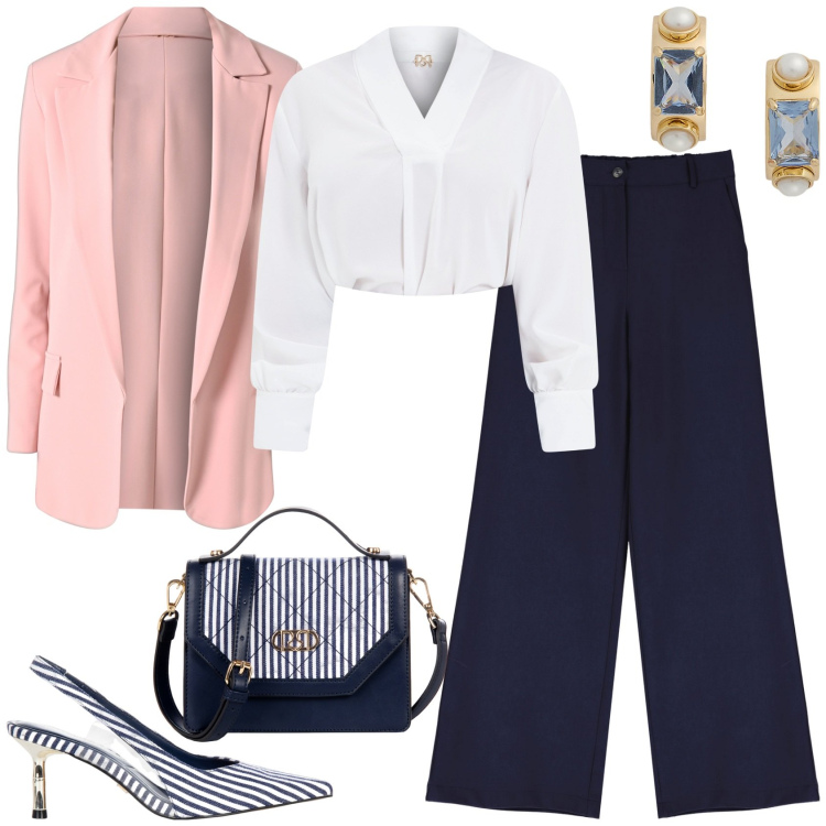 Outfit donna - Elegante con un tocco di righe. Stile Chic per Cerimonia. Abbinamento con bluse, blazer, décolleté, borse a mano, orecchini, pantaloni a palazzo.