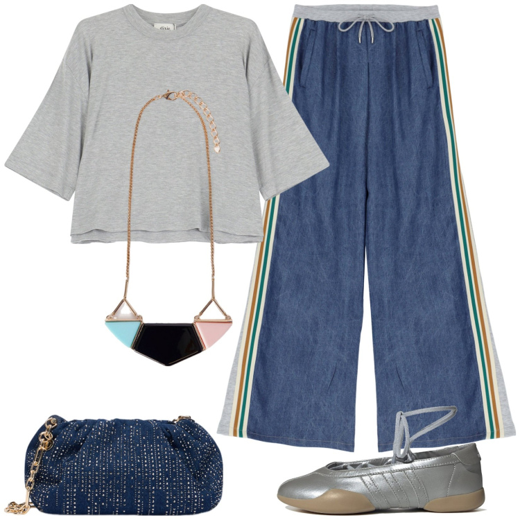 Outfit donna - Comfy style. Stile Casual per Tutti i giorni. Abbinamento con jeans, t-shirt, sneakers, clutch, ciondoli.